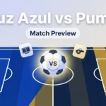 Cruz Azul vs Pumas match featured image with soccer ball, scoreboard and field design