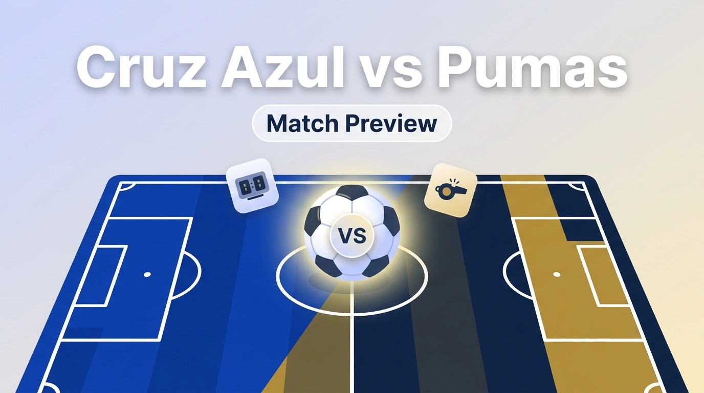 Cruz Azul vs Pumas match featured image with soccer ball, scoreboard and field design