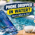 Phone dropped in water with drying tips, silica gel, microfiber cloth, and steps to prevent water damage.