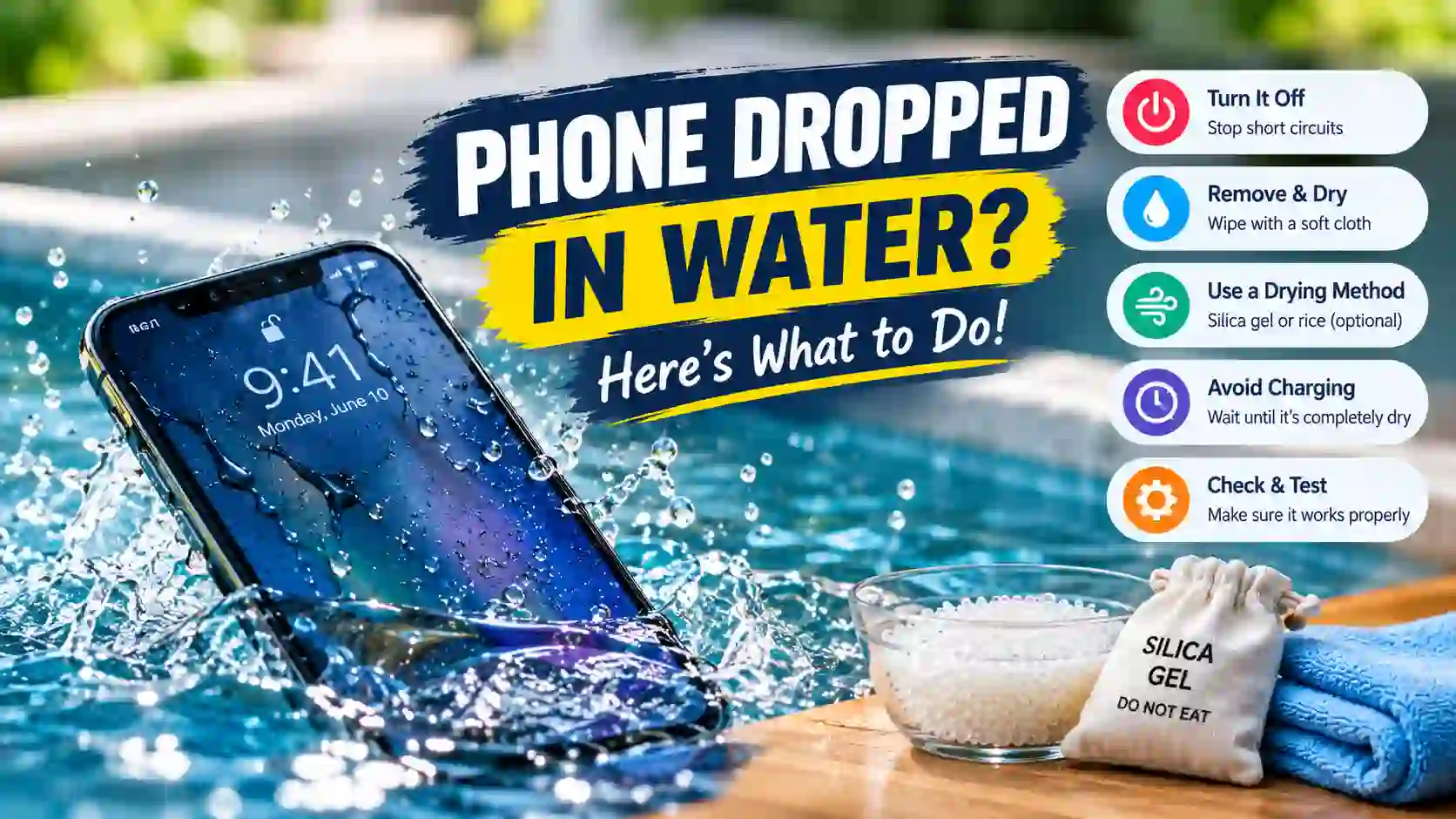 Phone dropped in water with drying tips, silica gel, microfiber cloth, and steps to prevent water damage.
